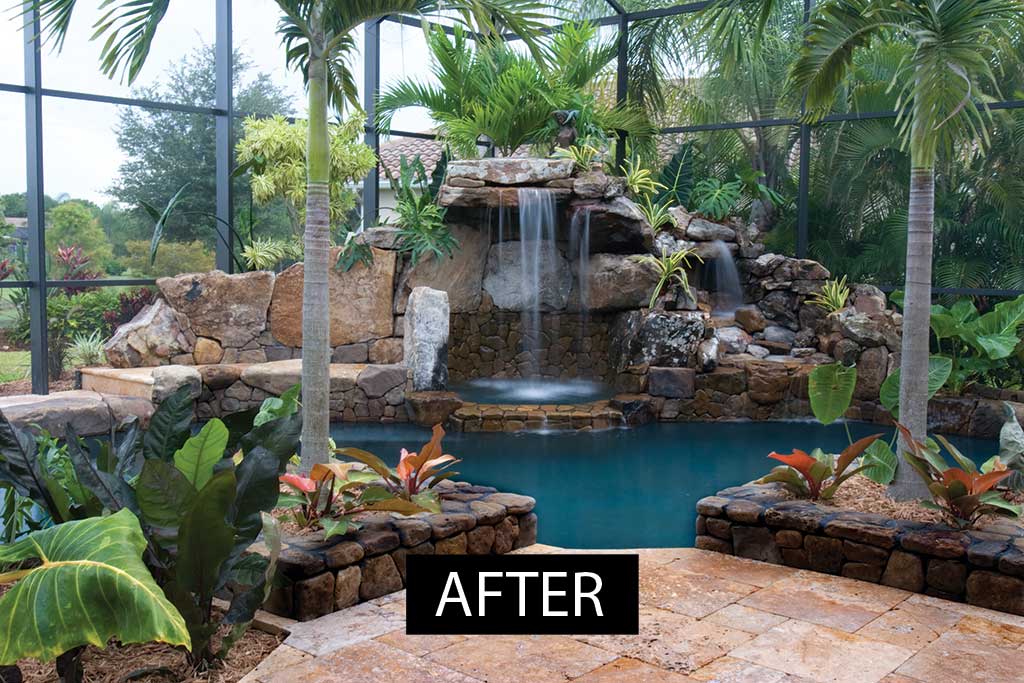 Lagoon swimming pool remodel with rock waterfall and coping by Lucas Lagoons Inc.