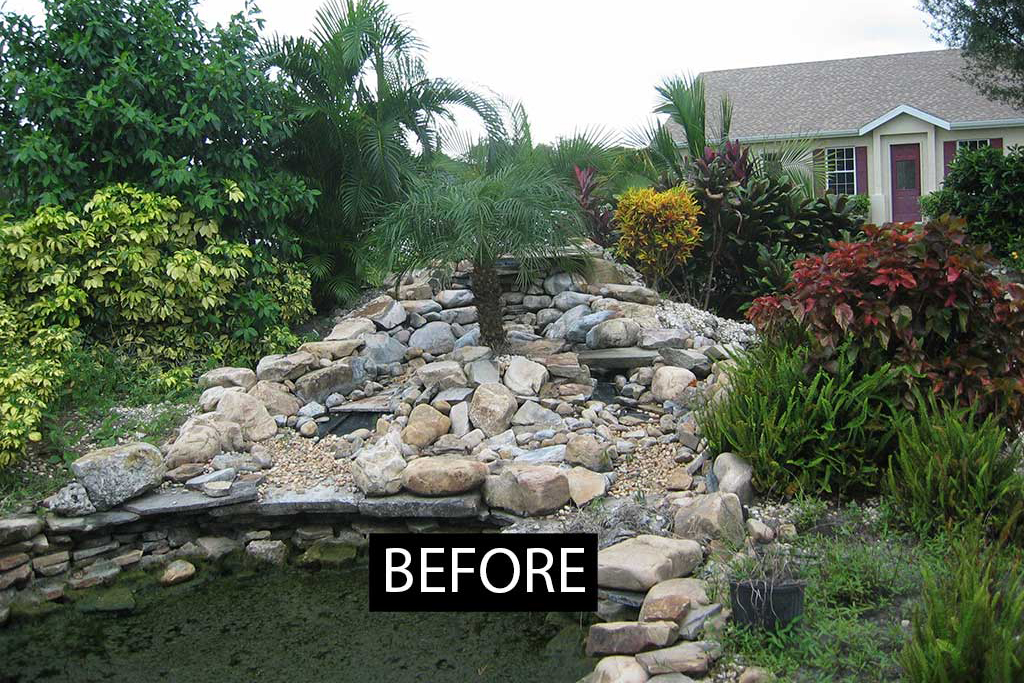 Large water feature, bridge, stream and landscaping designed and built in Sarasota Florida by Lucas Lagoons Inc.